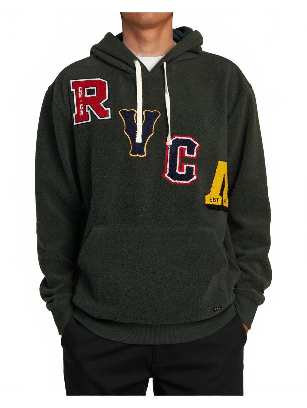 RVCA Hoodie Mens S Green Chenille Patch Letterman Fleece Pullover Pocket
